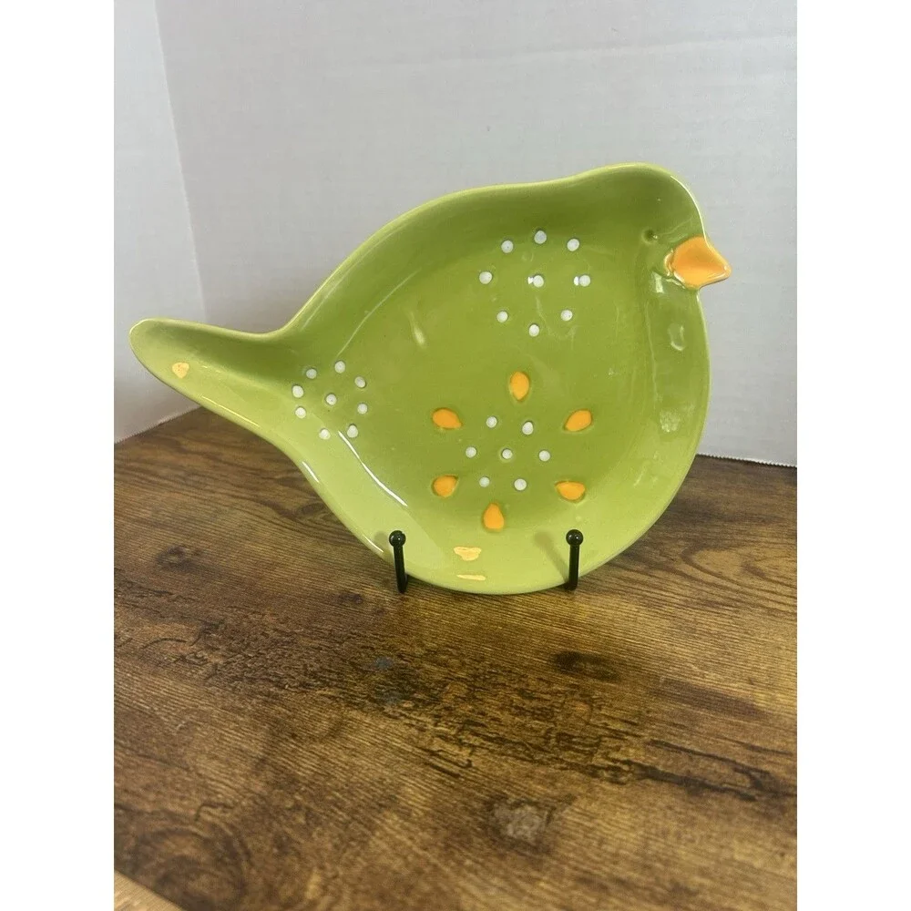 Pier 1 Imports Green Bird Ceramic Colander Trinket Dish Hand Painted Decor VTG
